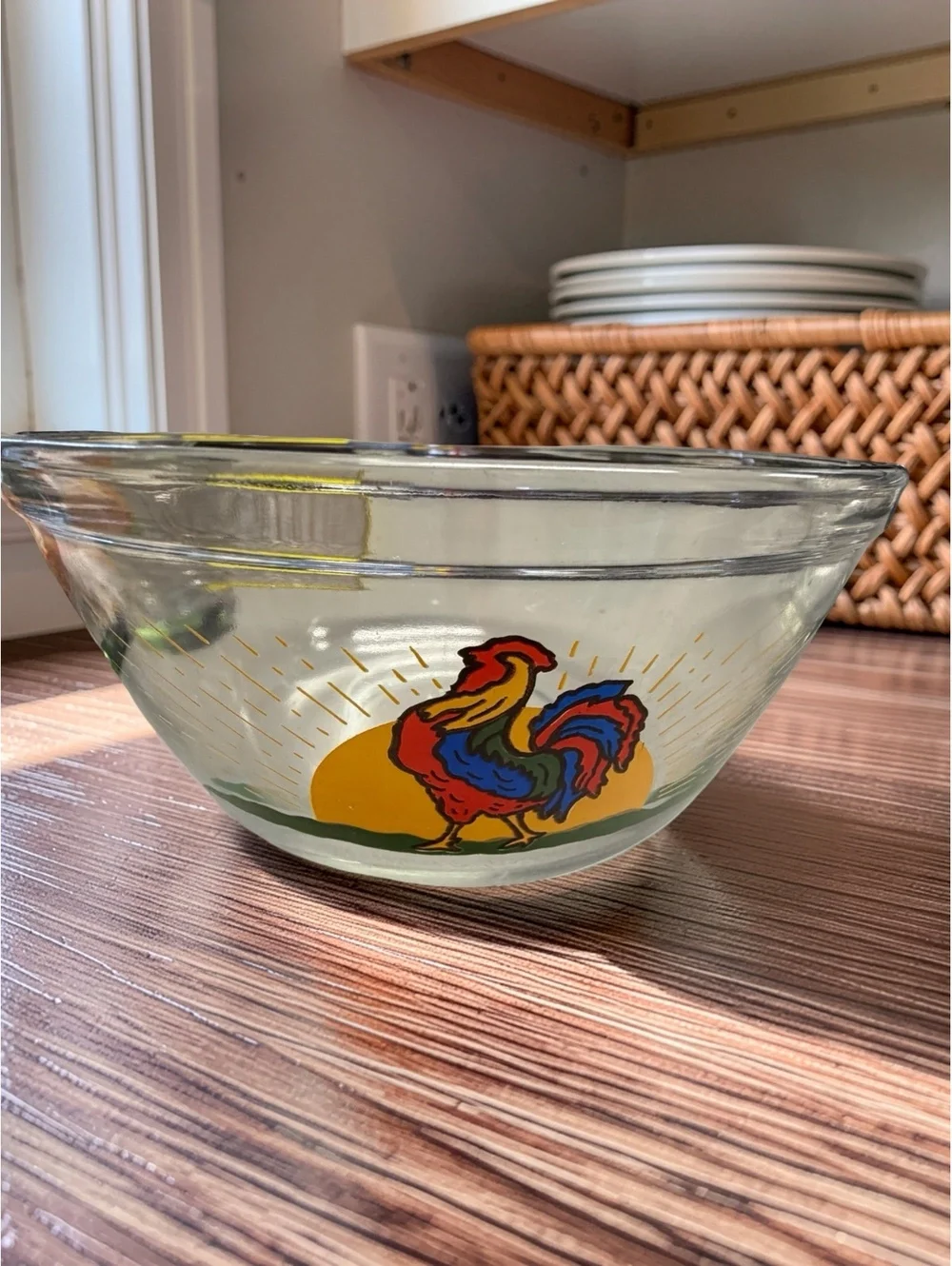Vintage Anchor Hocking Rooster Mixing Bowls Set 1.5 & 2.5 Qt Clear Glass Sunrise